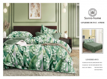 Lenjerii de pat 6 piese fara elastic - Lenjerie de pat bumbac 6 piese, nuante de verde, flori albe