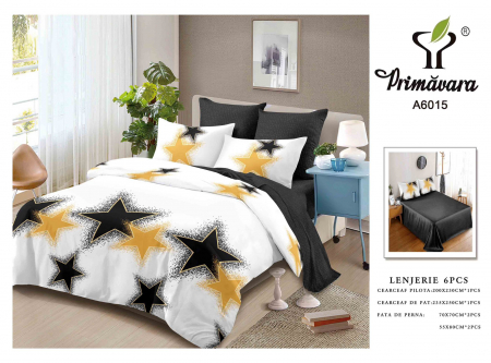 Lenjerii de pat 6 piese fara elastic - Lenjerie de pat bumbac 6 piese, alb-negru, model stelute