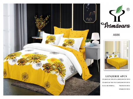 Lenjerii de pat 6 piese fara elastic - Lenjerie de pat bumbac 6 piese, galben-alb, imprimeu flori
