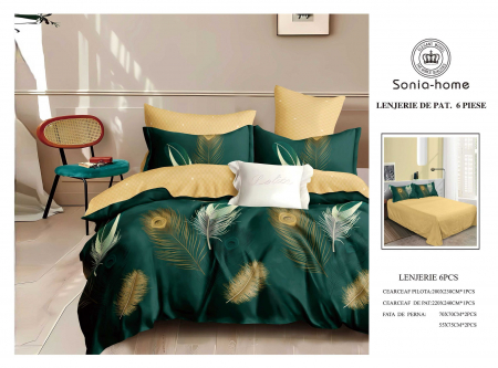 Lenjerii de pat 6 piese fara elastic - Lenjerie de pat bumbac 6 piese,auriu- verde, imprimeu pene