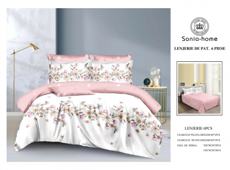 Lenjerii de pat 6 piese fara elastic - Lenjerie de pat bumbac 6 piese alb cu roz,  imprimeu floral