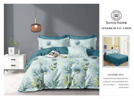 Lenjerii de pat 6 piese fara elastic - Lenjerie de pat bumbac 6 piese culoare mint, imprimeu floral