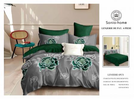 Lenjerii de pat 6 piese fara elastic - Lenjerie de pat bumbac 6 piese Verde cu Gri, imprimeu floral
