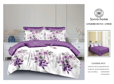 Lenjerii de pat 6 piese fara elastic - Lenjerie de pat bumbac 6 piese alb cu mov, imprimeu floral