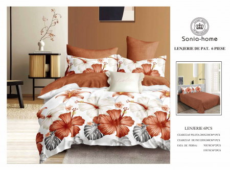 Lenjerii de pat 6 piese fara elastic - Lenjerie de pat bumbac 6 piese alb- caramiziu, imprimeu floral