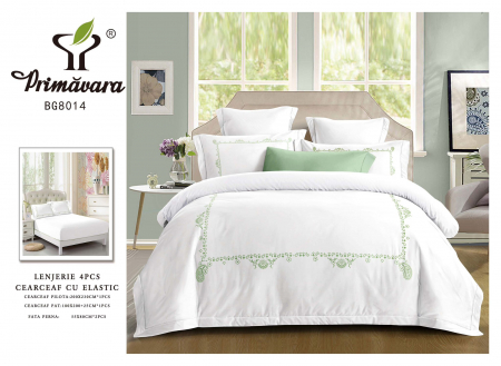 Lenjerii de pat cu elastic - Lenjerie de pat bumbac fin 4 piese, cu elastic, alb cu verde, simplicity