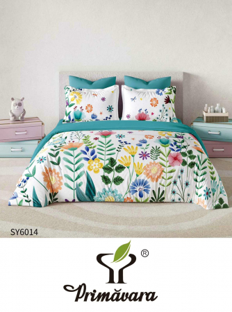 Lenjerii de pat cu elastic - Lenjerie de pat bumbac finet 6 piese, cu elastic, alb-turcoaz, imprimeu floral