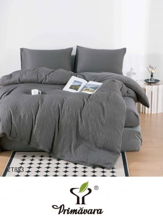 Lenjerii de pat cu elastic - Lenjerie de pat finet creponat 4 piese cu elastic, gri inchis