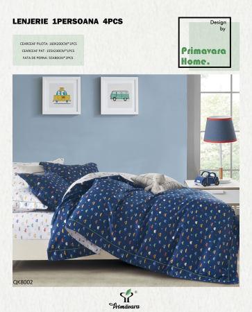 Lenjerii 100% bumbac - 4 piese - Lenjerie pat o persoana, alb-albastru, imprimeu masinute