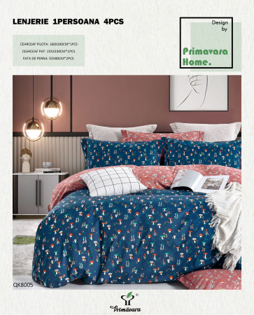 Lenjerii 100% bumbac - 4 piese - Lenjerie pat o persoana, roz-albastru, imprimeu ciupercute