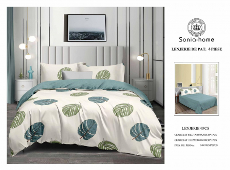 Lenjerii pat o persoana - Lenjerie pat o persoana,  verde marin-crem, imprimeu frunze