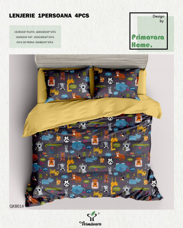 Lenjerii 100% bumbac - 4 piese - Lenjerie pat o persoana,  gri-galben, imprimeu animale