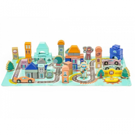 Jocuri si jucarii - Blocuri din lemn cu covoras tip puzzle Ecotoys PH05D012 Orasel - 161 elemente