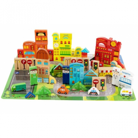 Jocuri si jucarii - Blocuri din lemn cu covoras tip puzzle Ecotoys SAWT18689 Orasel - 196 elemente