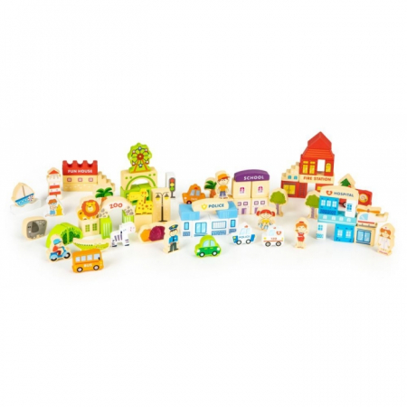Jocuri si jucarii - Blocuri din lemn Ecotoys HM015501 Zoo - 120 elemente