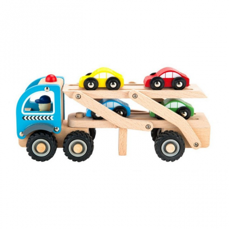 Jocuri si jucarii - Camion trailer cu 4 masini din lemn Ecotoys TL26046