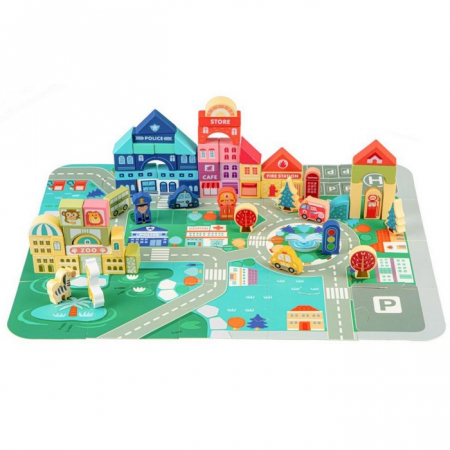 Jocuri si jucarii - Centru de activitate orasel educational cu blocuri din lemn 120 piese Ecotoys MA426