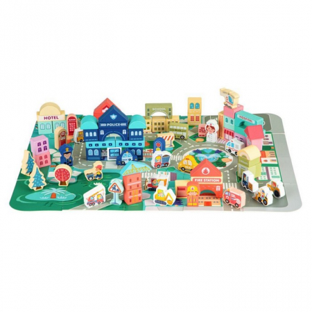 Jocuri si jucarii - Centru de activitate orasel educational cu blocuri din lemn 121 piese Ecotoys MA427