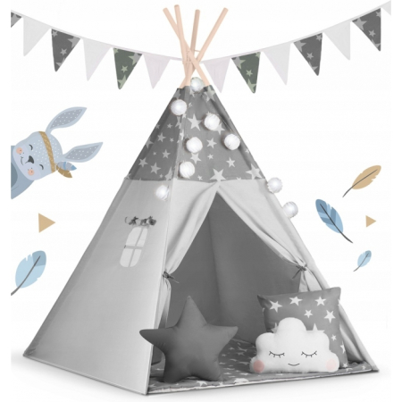 Corturi de joaca - Cort de joaca pentru copii cu ghirlanda si lumini Nukido 120 x 120 x 165 cm - Gri cu stelute