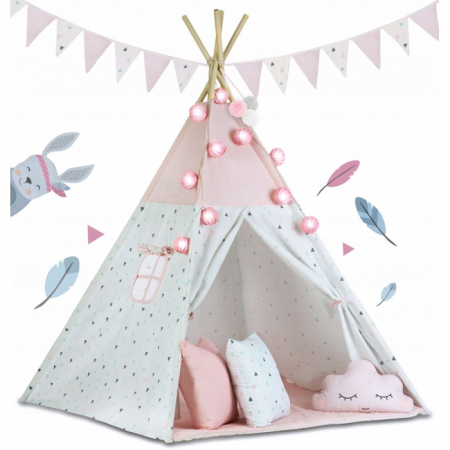 Corturi de joaca - Cort de joaca pentru copii cu ghirlanda si lumini Ricokids 120 x 120 x 165 cm - Roz