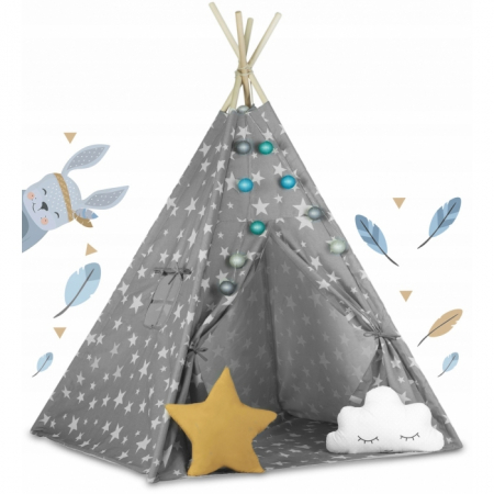 Corturi de joaca - Cort de joaca pentru copii cu lumini Ricokids 120 x 120 x 165 cm - Gri cu stelute