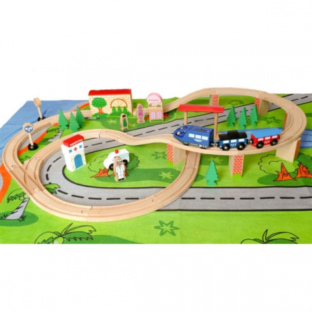 Jocuri si jucarii - Linie de tren din lemn ECOTOYS HJD93949 , 50 de piese 