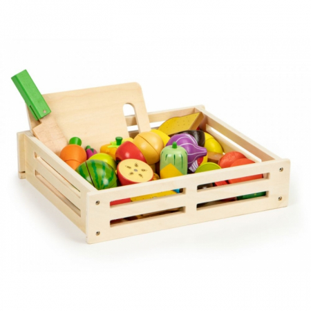 Jocuri si jucarii - Set de fructe si legume cu tocator de lemn si cutit, Ecotoys HM191520