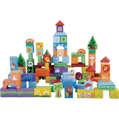 Jocuri si jucarii - Set educational cu blocuri din lemn 100 piese animalute Ecotoys SR19003