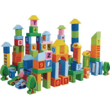 Jocuri si jucarii - Set educational cu blocuri din lemn 100 piese Ecotoys SR19005