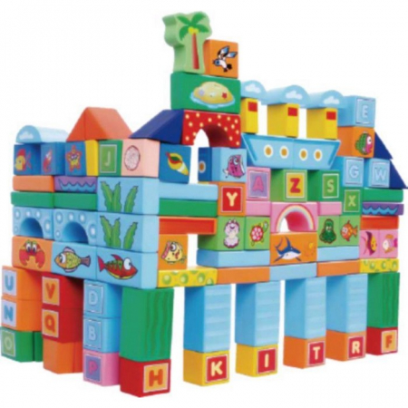 Jocuri si jucarii - Set educational cu blocuri din lemn 100 piese ocean Ecotoys SR19006