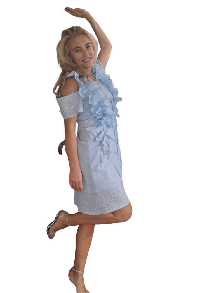 Rochie „Blue Petals” – Bleu, Croi A, Volane Romantice, Fabricat în România [3]