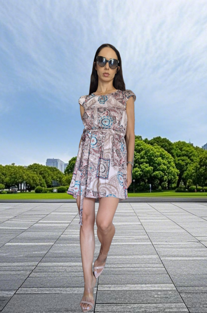 Rochie „Boho Chic” – Scurtă, Paisley, Cordon în Talie, Fabricat în România [3]