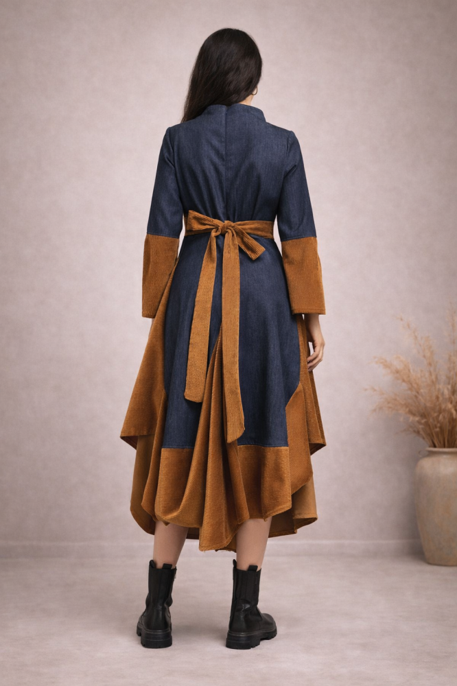 Rochie dama midi asimetrica denim si catifea reiat caramel – vedere completa [2]