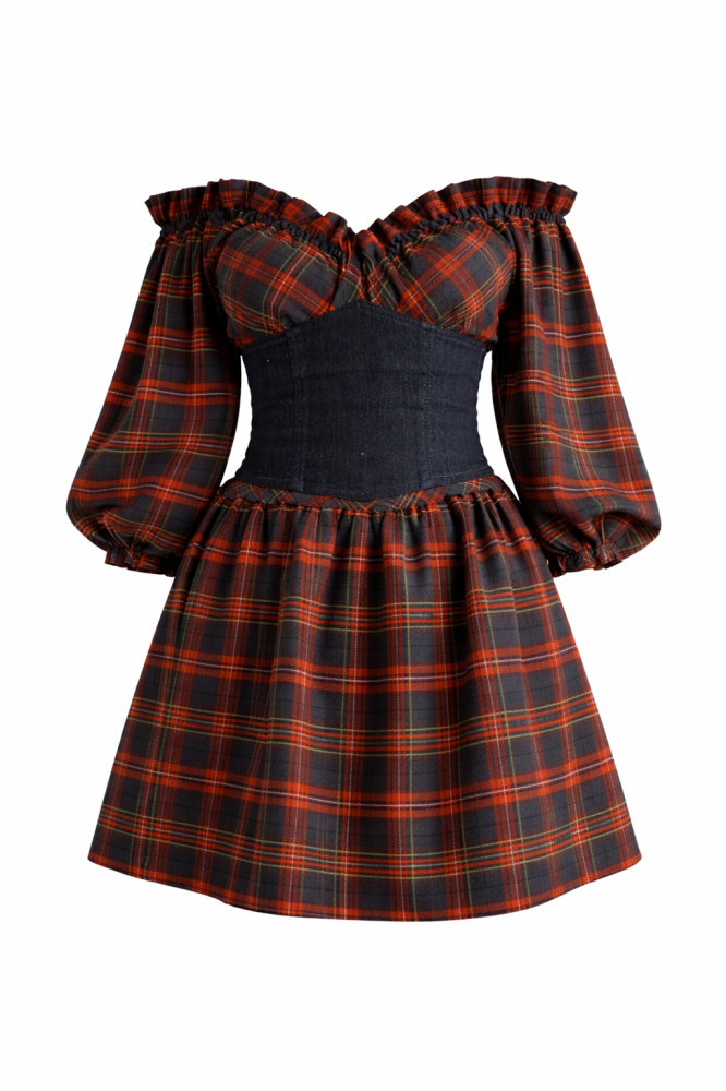 Rochie dama midi in carouri cu corset si decolteu pe umeri – vedere frontala [5]