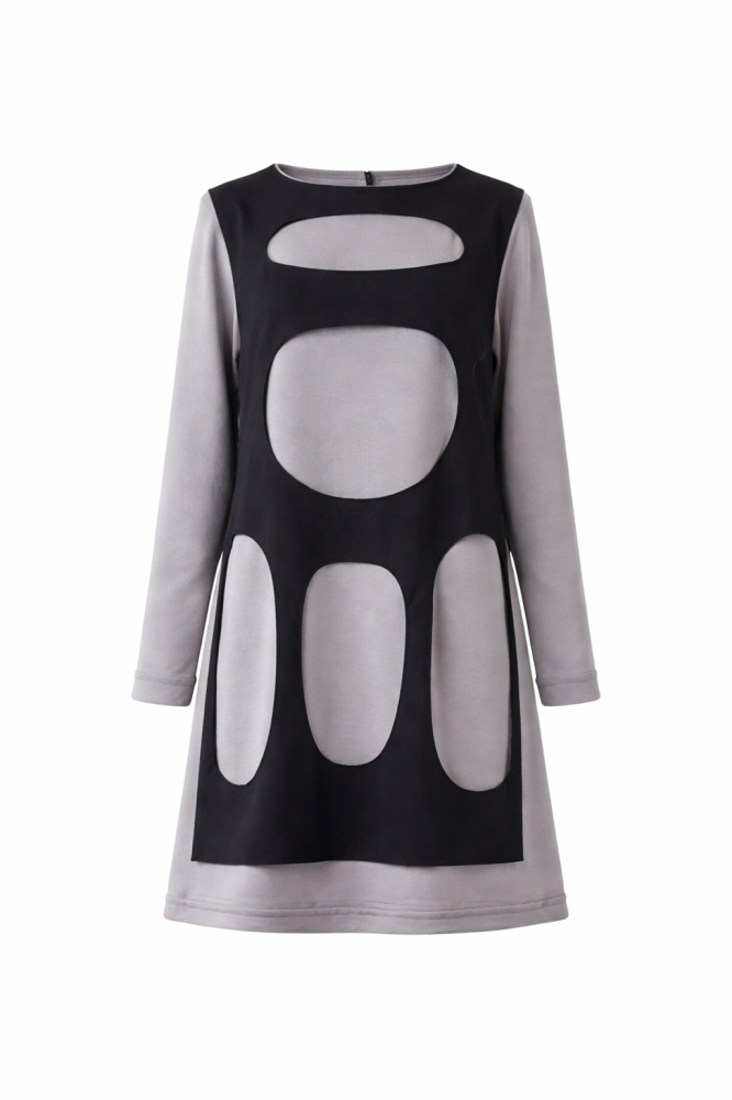 Rochie dama oversize gri negru cu aplicatii geometrice moderne – vedere frontala [4]