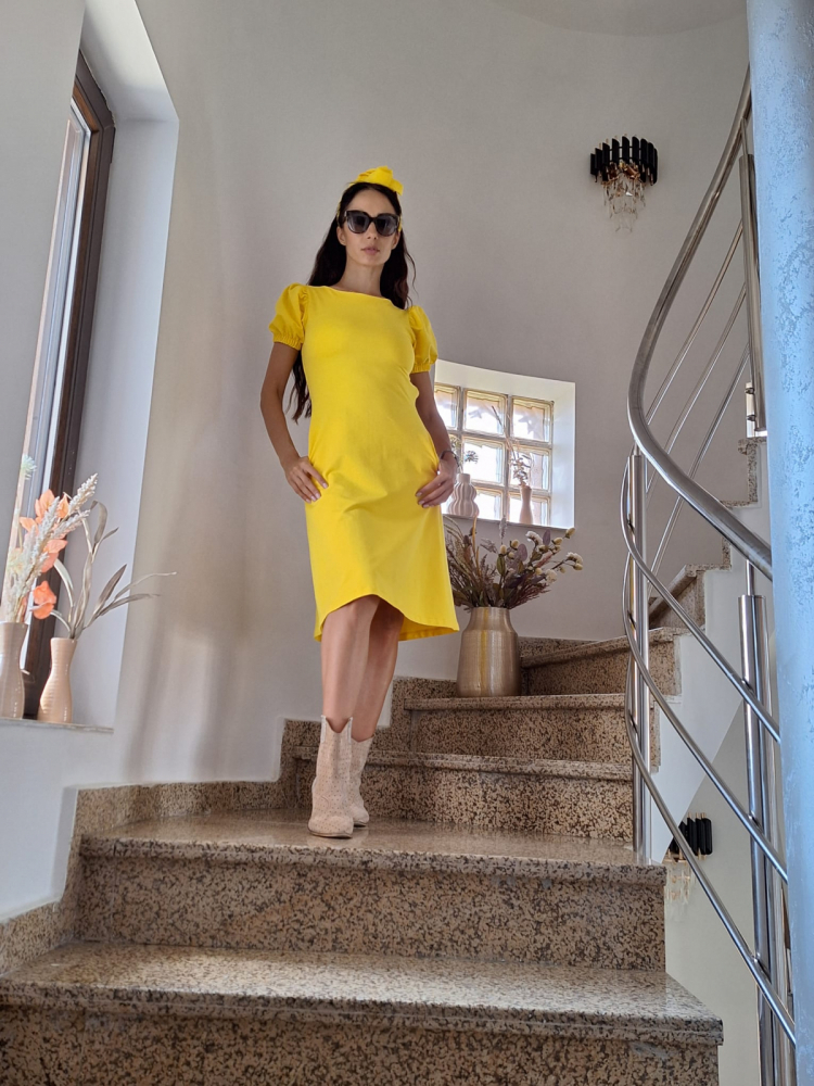 Rochie „Sunny Vibe” – Galbenă, Mâneci Bufante, Croi în A, Fabricat în România [4]
