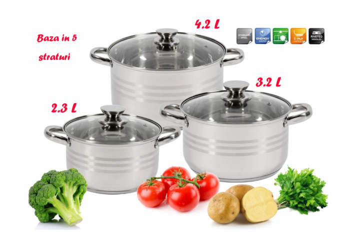 SET INOX DAR 6 PCS CRATITE CU CAPAC STICLA (2.3/3.2L/4.2) 23717 [2]
