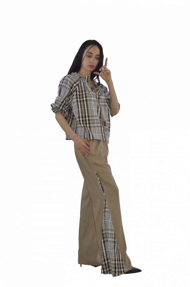 Set „Savanna Check” – Bluză cu Carouri și Pantaloni Largi Bej, Fabricat în România [6]