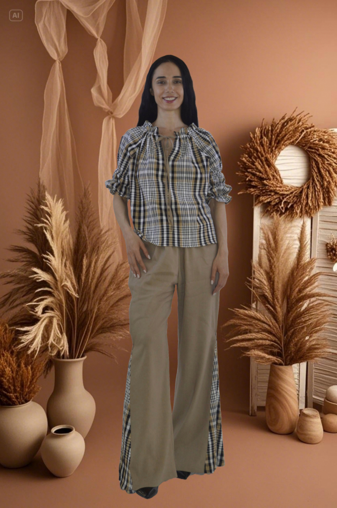 Set „Savanna Check” – Bluză cu Carouri și Pantaloni Largi Bej, Fabricat în România [1]