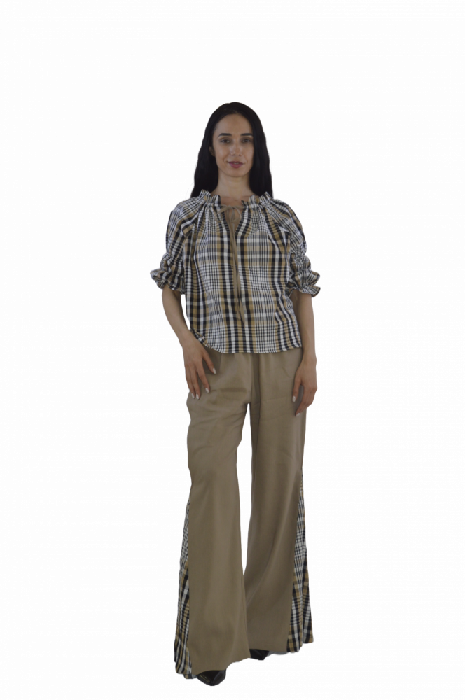Set „Savanna Check” – Bluză cu Carouri și Pantaloni Largi Bej, Fabricat în România [4]