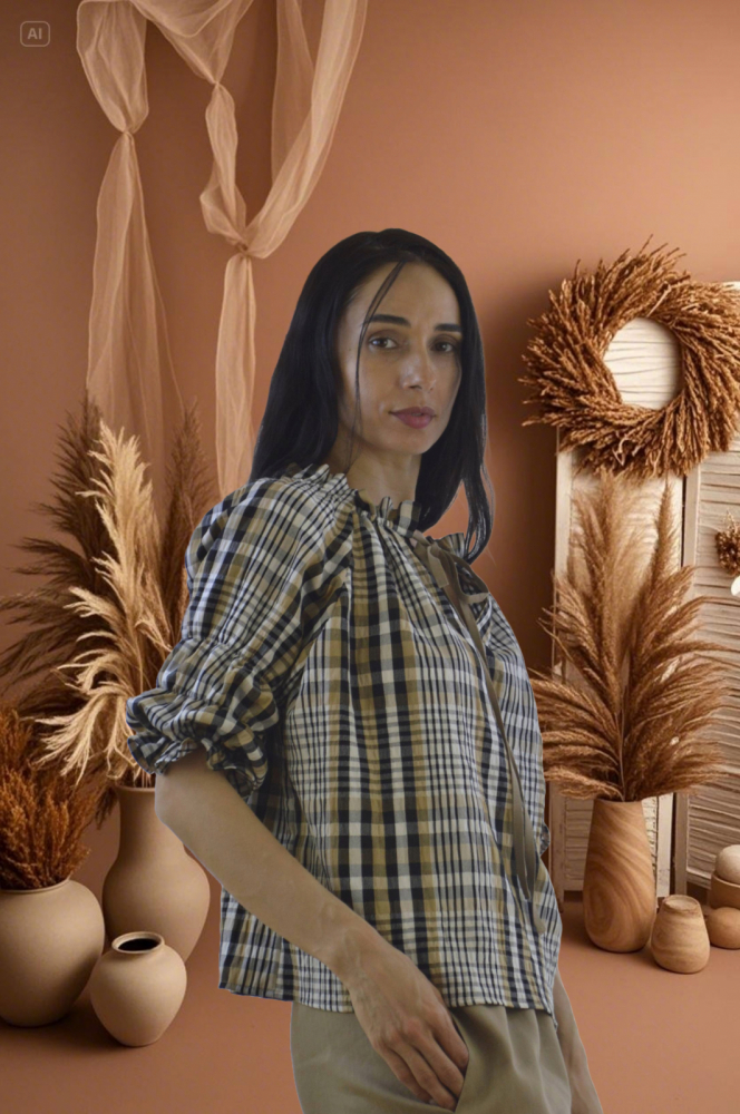 Set „Savanna Check” – Bluză cu Carouri și Pantaloni Largi Bej, Fabricat în România [3]