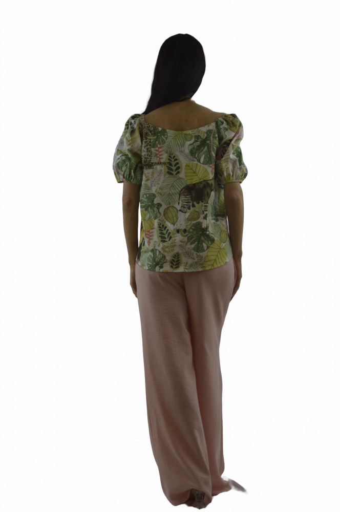 Set „Tropical Breeze” – Bluză cu Imprimeu Exotic și Pantaloni Roz, Fabricat în România [2]