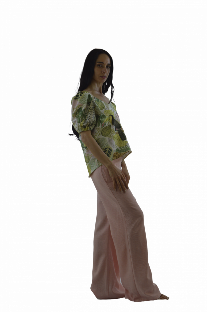 Set „Tropical Breeze” – Bluză cu Imprimeu Exotic și Pantaloni Roz, Fabricat în România [3]