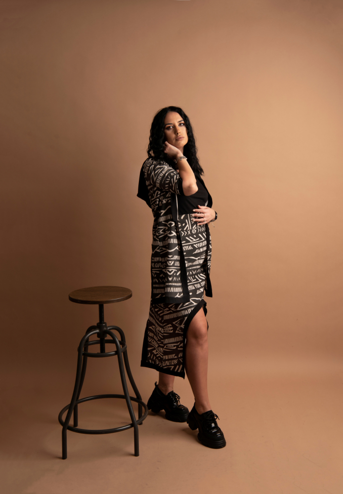 Set „Urban Tribe” – Fustă și Cardigan cu Imprimeu Tribal Bej-Negru, Fabricat în România [2]