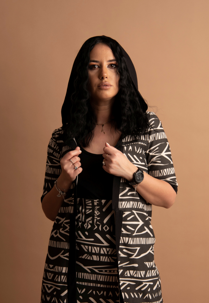 Set „Urban Tribe” – Fustă și Cardigan cu Imprimeu Tribal Bej-Negru, Fabricat în România [1]
