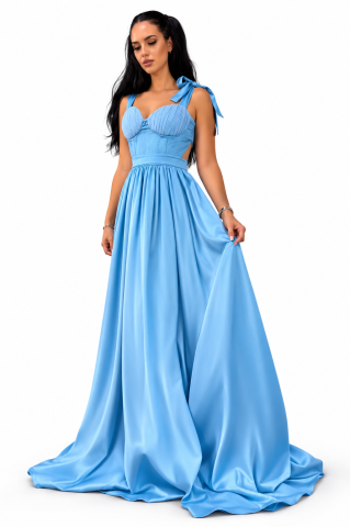 Imbracaminte dama - Rochie lunga de ocazie albastru ciel cu bust corset