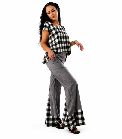 Imbracaminte dama - Set dama cu bluza in carouri si pantaloni palazzo gri