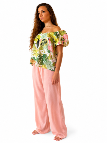 Imbracaminte dama - Set dama de vara cu bluza tropicala si pantaloni palazzo roz