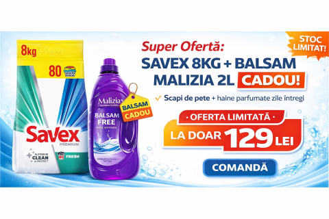 Detergent Lichid - Pachet Promo Savex 8KG + Balsam Malizia 2L CADOU – Curatare + Parfum Intens