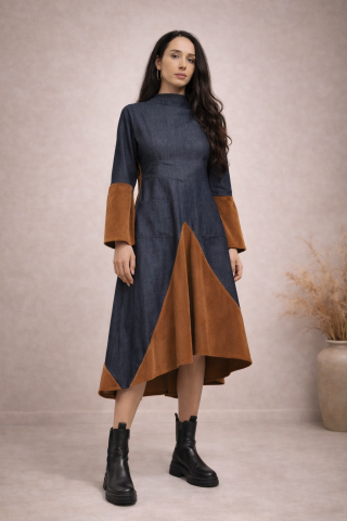 Imbracaminte dama - Rochie dama midi asimetrica denim si catifea reiat caramel – vedere completa
